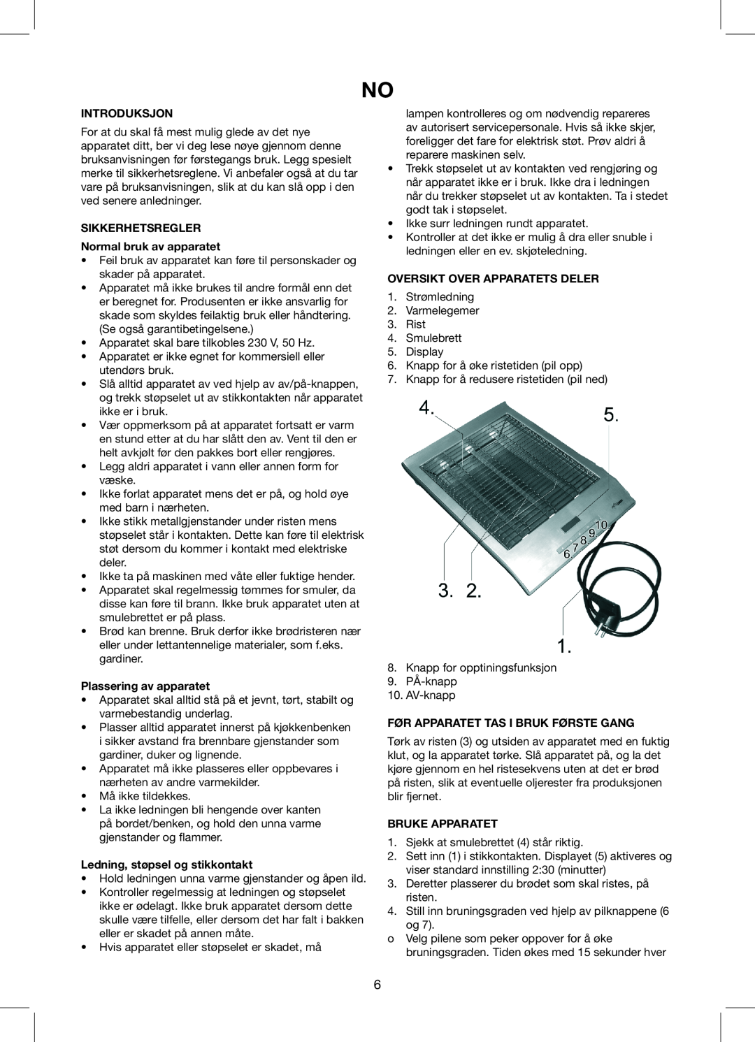 Exido Toaster manual Introduksjon, SIKKERHETSREGLER Normal bruk av apparatet, Plassering av apparatet, Bruke Apparatet 