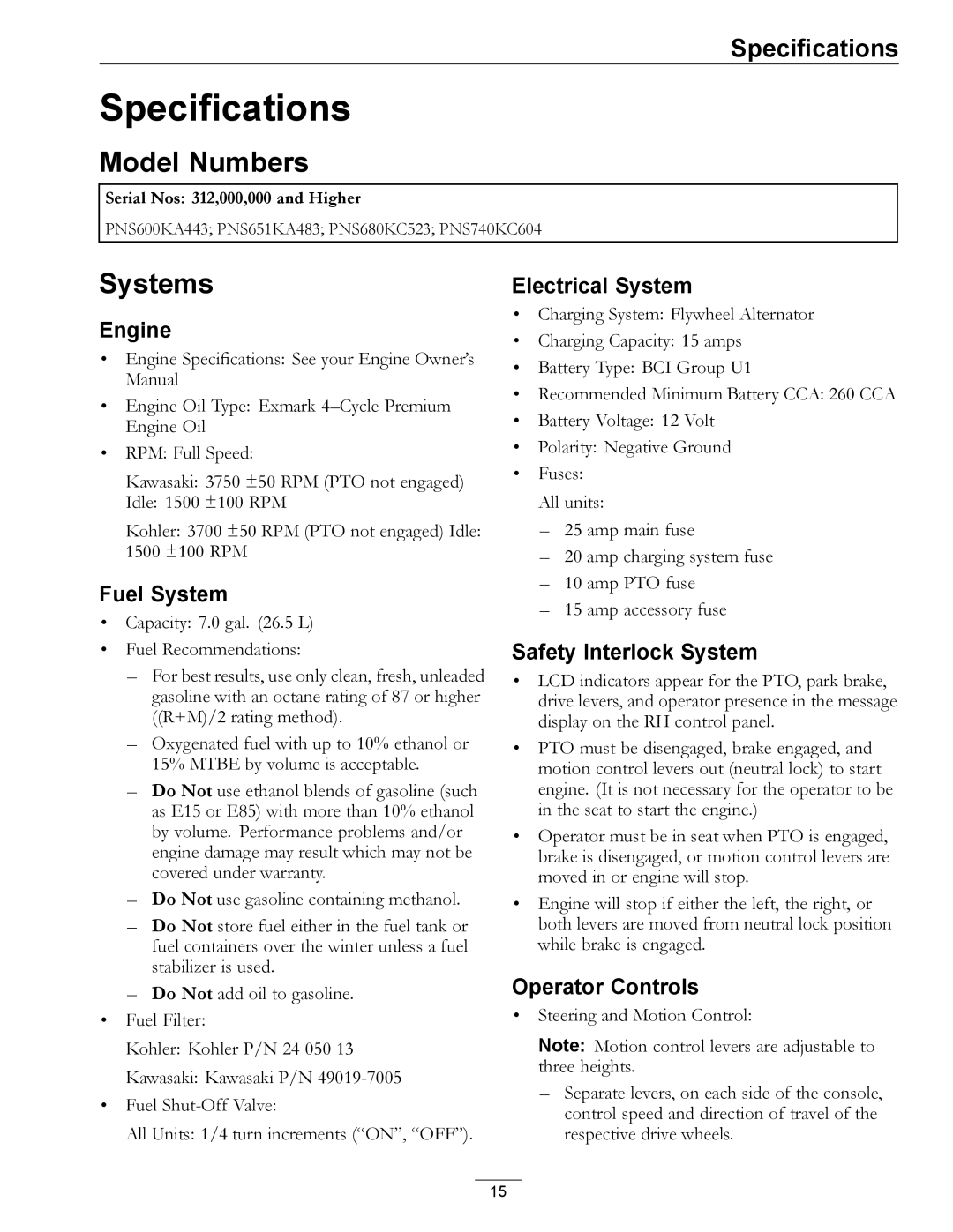 Exmark 000 & higher, 312 manual Specifications, Model Numbers, Systems 