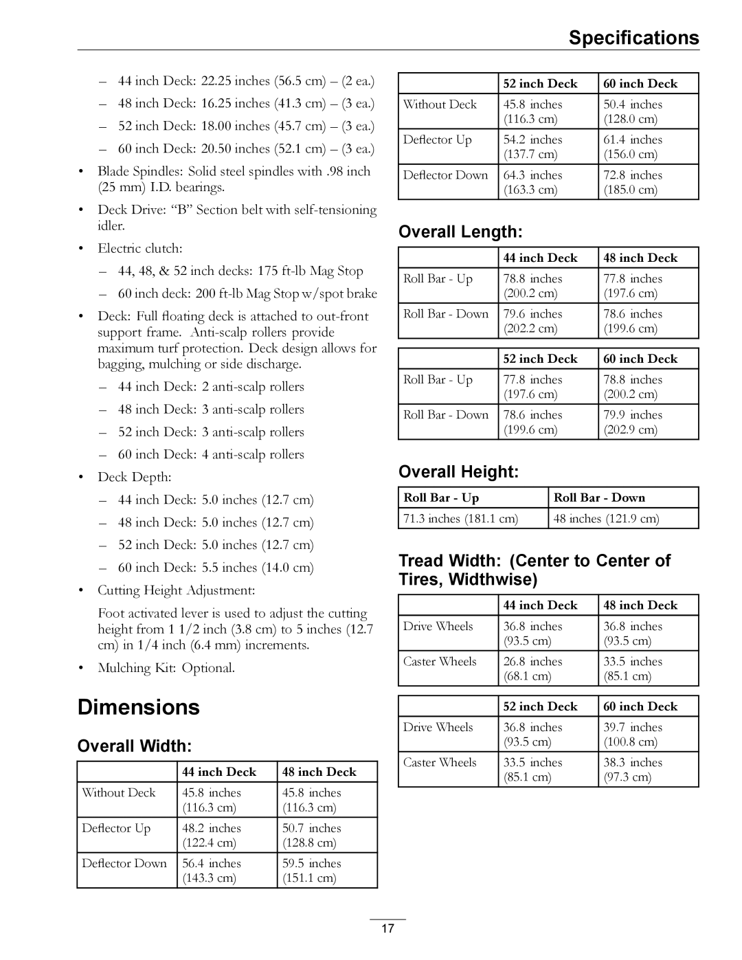 Exmark 0, 312 Dimensions, Overall Width, Overall Length, Overall Height, Tread Width Center to Center of Tires, Widthwise 