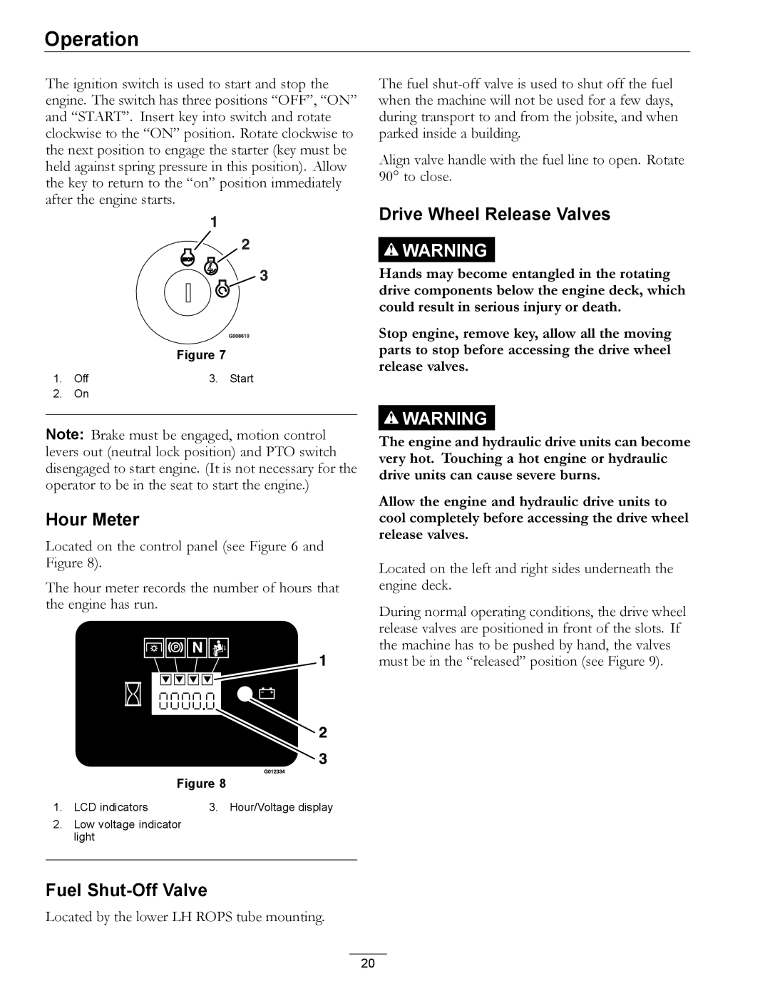 Exmark 000 & higher, 312 manual Hour Meter, Drive Wheel Release Valves, Fuel Shut-Off Valve 