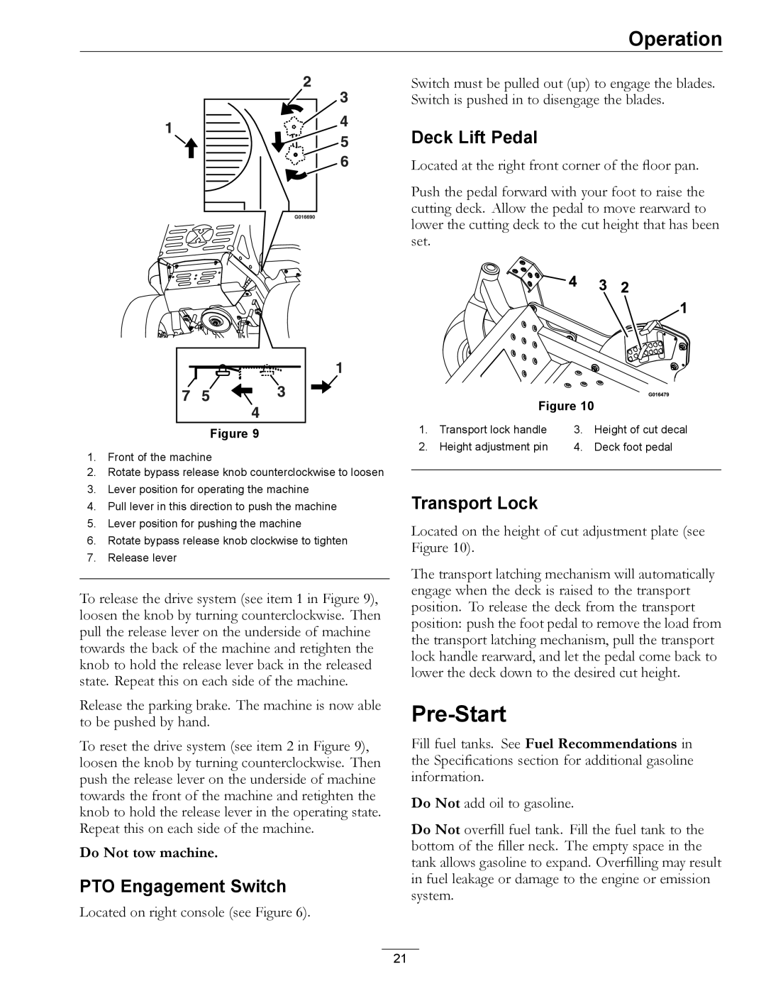 Exmark 000 & higher, 312 manual Pre-Start, PTO Engagement Switch, Deck Lift Pedal, Transport Lock 