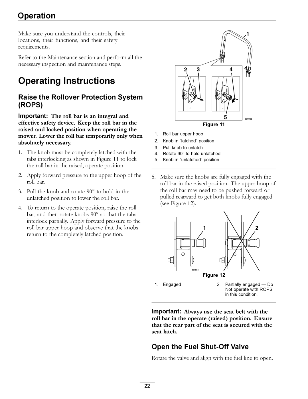 Exmark 312, 000 & higher Operating Instructions, Raise the Rollover Protection System Rops, Open the Fuel Shut-Off Valve 