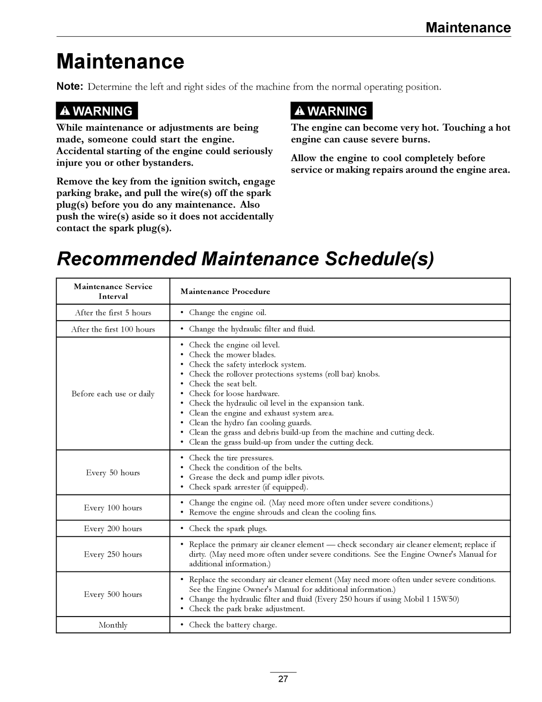 Exmark 000 & higher, 312 manual Recommended Maintenance Schedules 