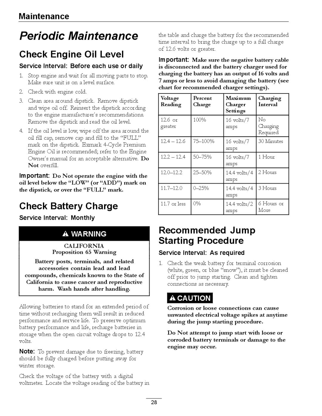 Exmark 312, 000 & higher manual Check Engine Oil Level, Check Battery Charge, Recommended Jump Starting Procedure 