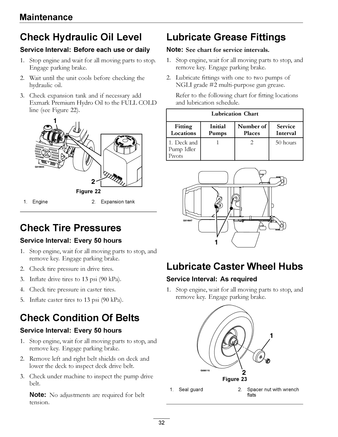 Exmark 0, 312 manual Check Hydraulic Oil Level, Lubricate Grease Fittings, Check Tire Pressures, Lubricate Caster Wheel Hubs 