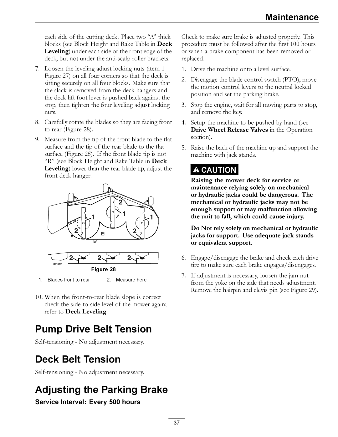 Exmark 312, 000 & higher manual Pump Drive Belt Tension, Deck Belt Tension, Adjusting the Parking Brake 