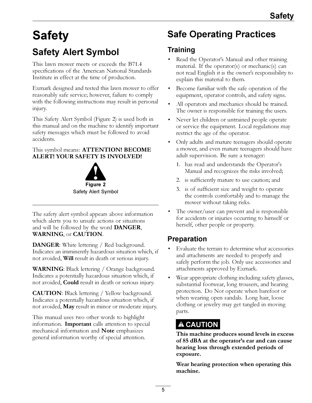 Exmark 000 & higher, 312 manual Safety Alert Symbol, Safe Operating Practices, Training, Preparation 