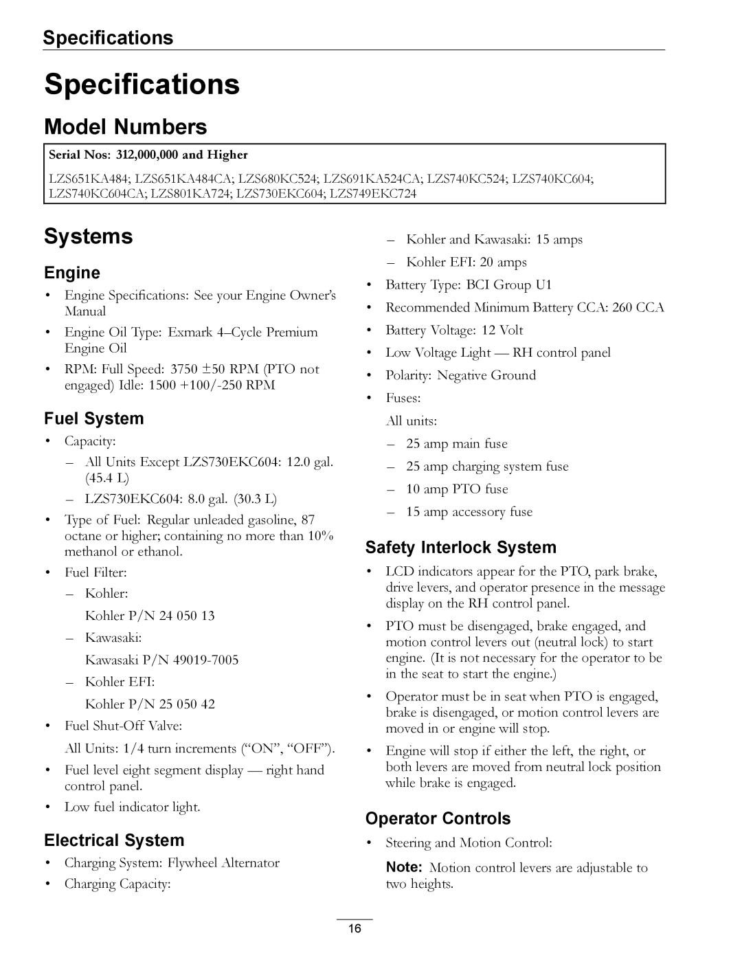 Exmark 312, 000 & higher manual Specifications, Model Numbers, Systems 