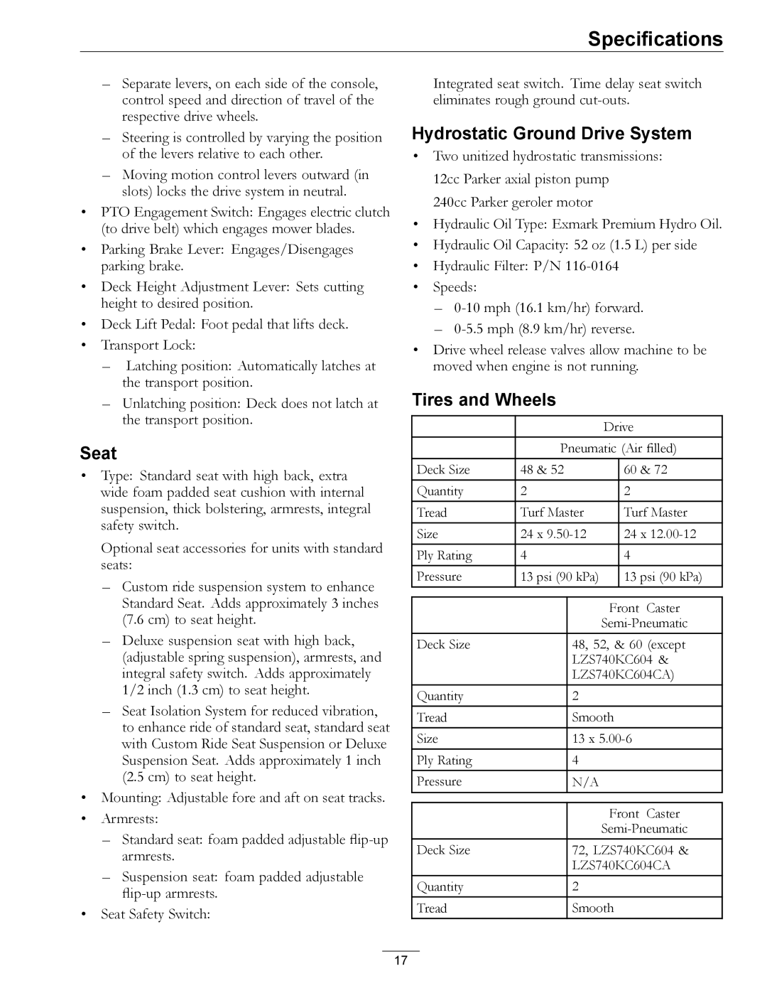 Exmark 000 & higher, 312 manual Seat, Hydrostatic Ground Drive System, Tires and Wheels 