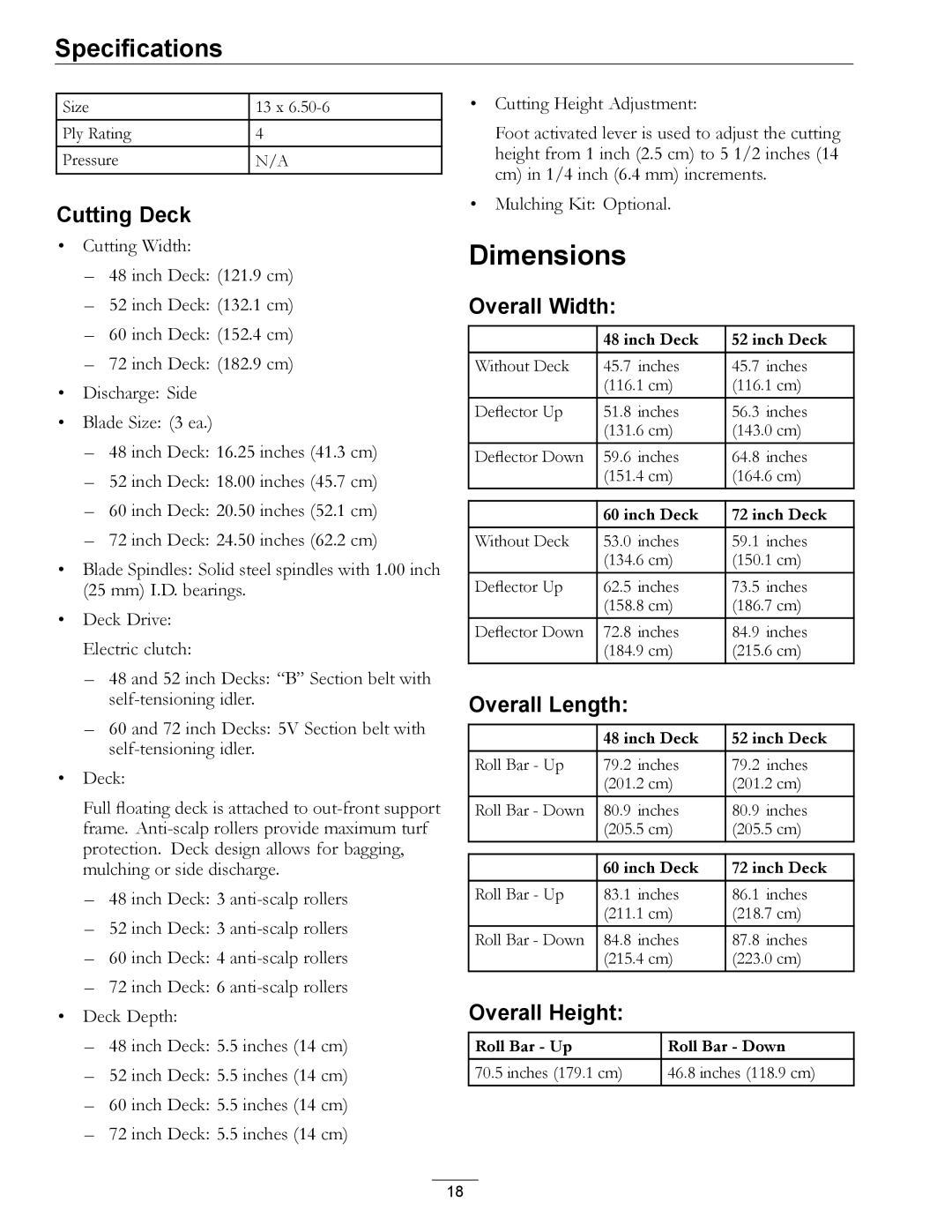 Exmark 000 & higher, 312 manual Dimensions, Cutting Deck, Overall Width, Overall Length, Overall Height 