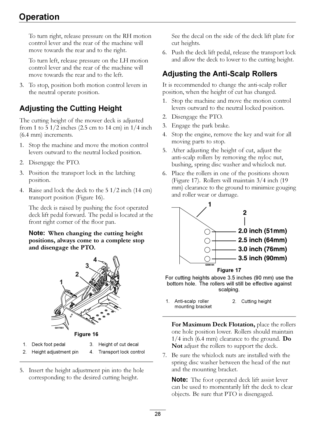 Exmark 312, 000 & higher manual Adjusting the Cutting Height, Adjusting the Anti-Scalp Rollers 