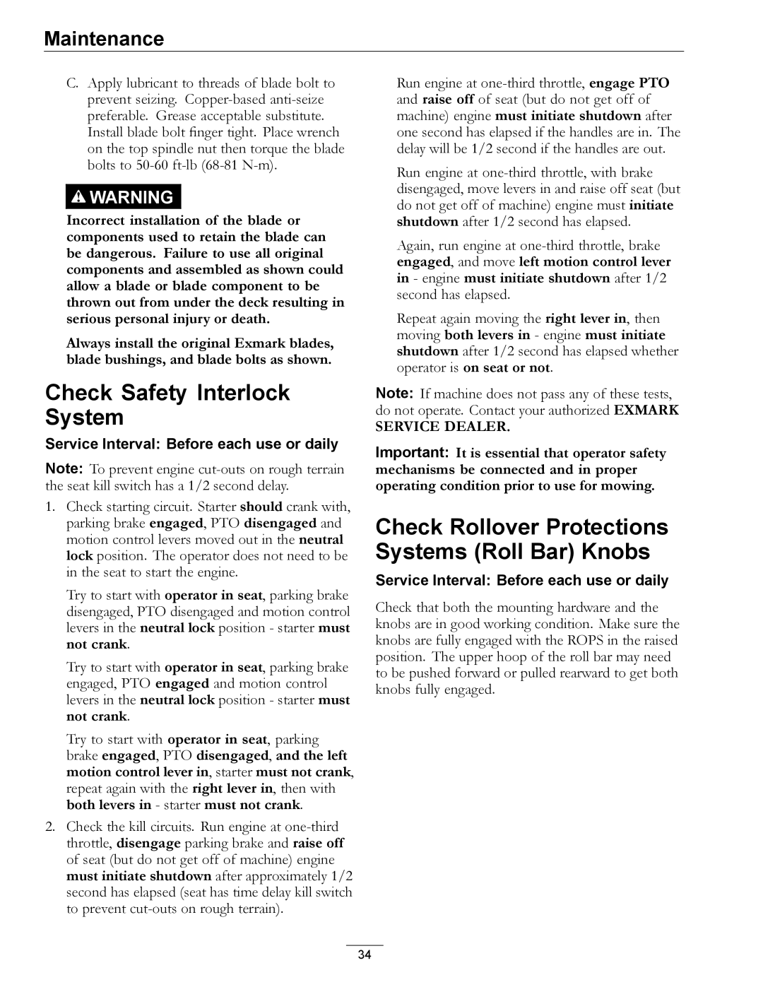 Exmark 312, 000 & higher manual Check Safety Interlock System, Check Rollover Protections Systems Roll Bar Knobs 