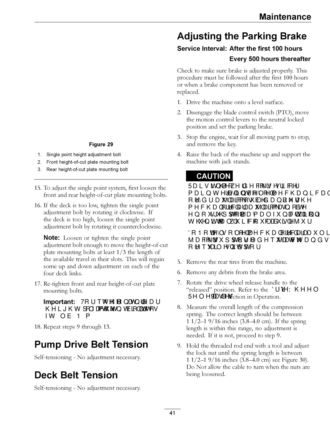 Exmark 000 & higher, 312 manual Pump Drive Belt Tension, Deck Belt Tension, Adjusting the Parking Brake 