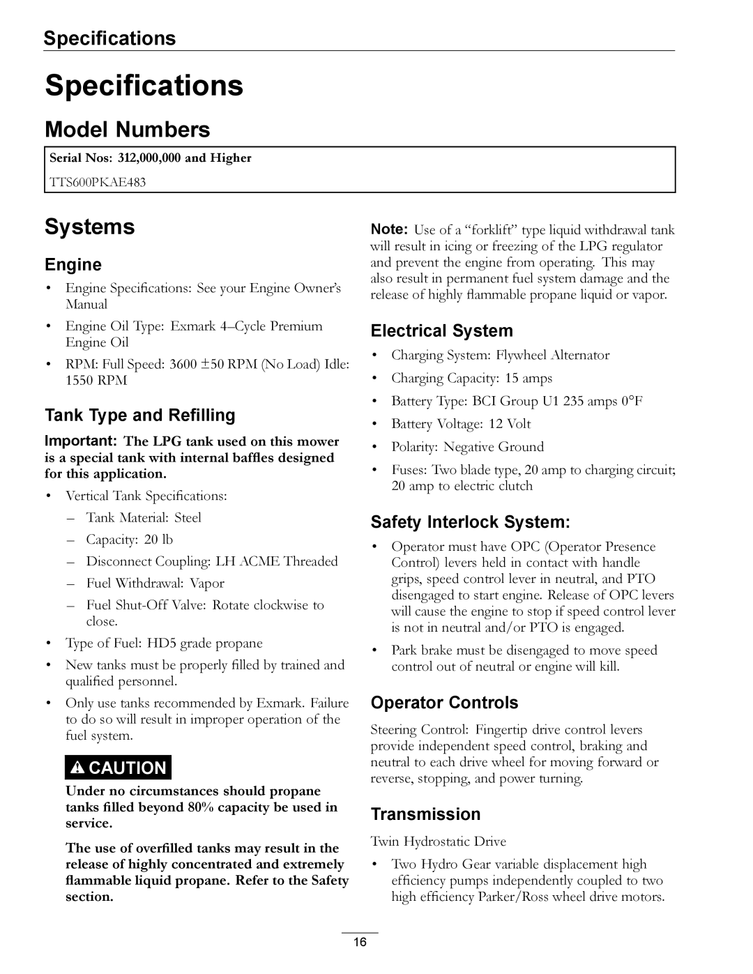 Exmark 312, 000 & higher manual Specifications, Model Numbers, Systems 