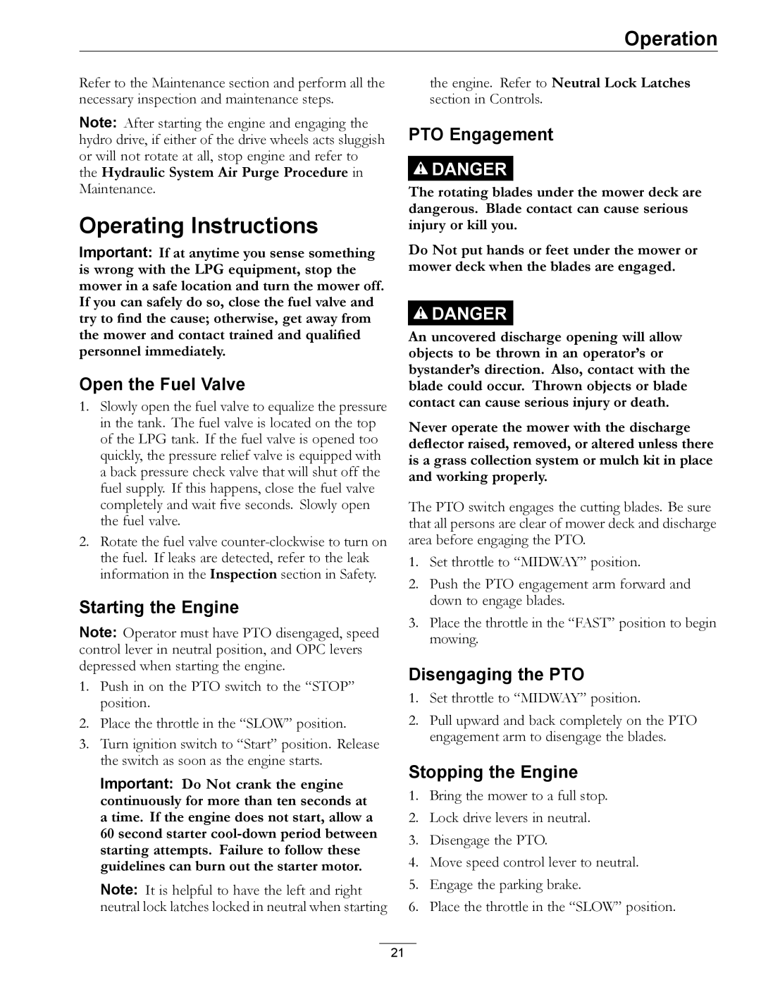 Exmark 000 & higher, 312 manual Operating Instructions, Open the Fuel Valve, Starting the Engine, Disengaging the PTO 