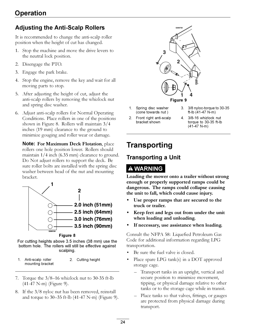 Exmark 000 & higher, 312 manual Adjusting the Anti-Scalp Rollers, Transporting a Unit 