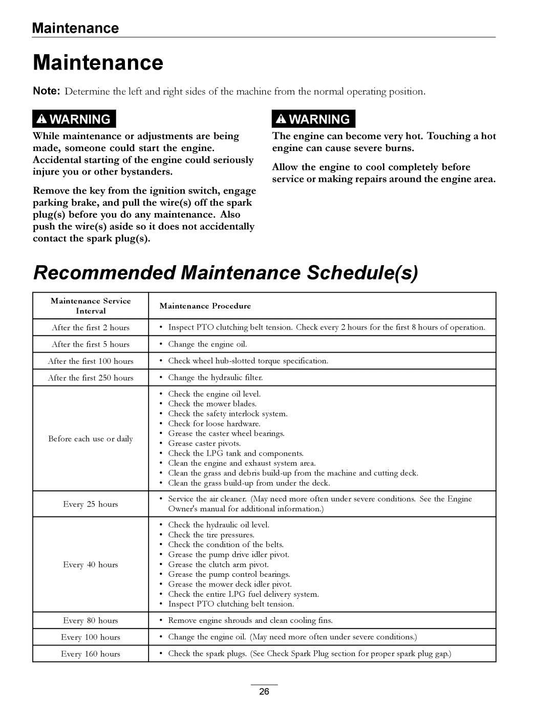 Exmark 000 & higher, 312 manual Recommended Maintenance Schedules 