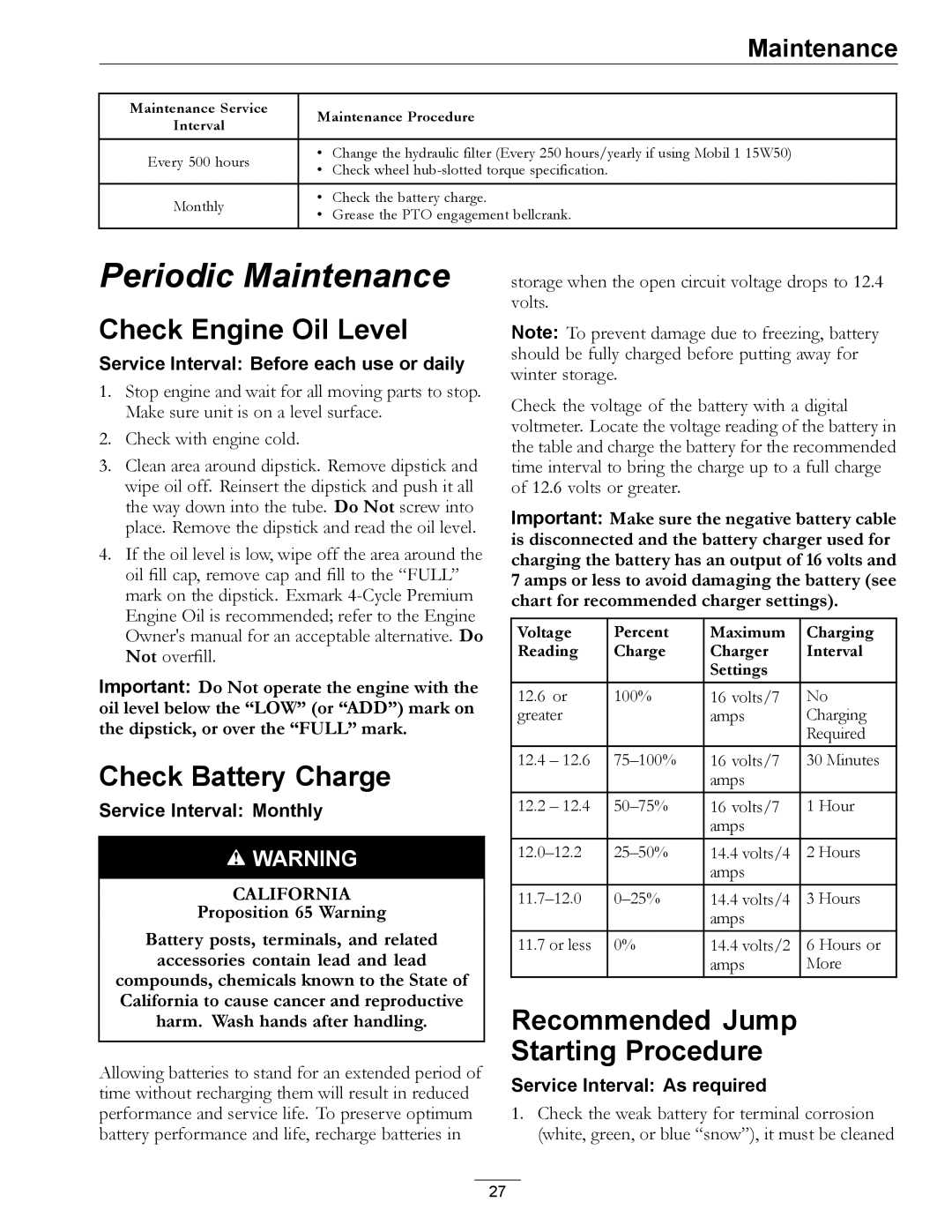 Exmark 000 & higher, 312 manual Check Engine Oil Level, Check Battery Charge, Recommended Jump Starting Procedure 