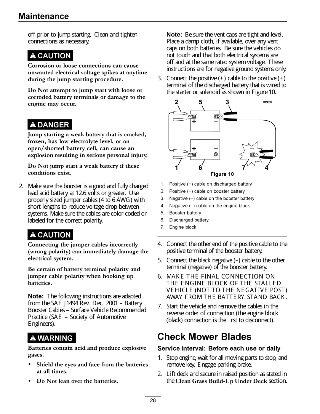 Exmark 312, 000 & higher manual Check Mower Blades, Do Not jump start a weak battery if these conditions exist 