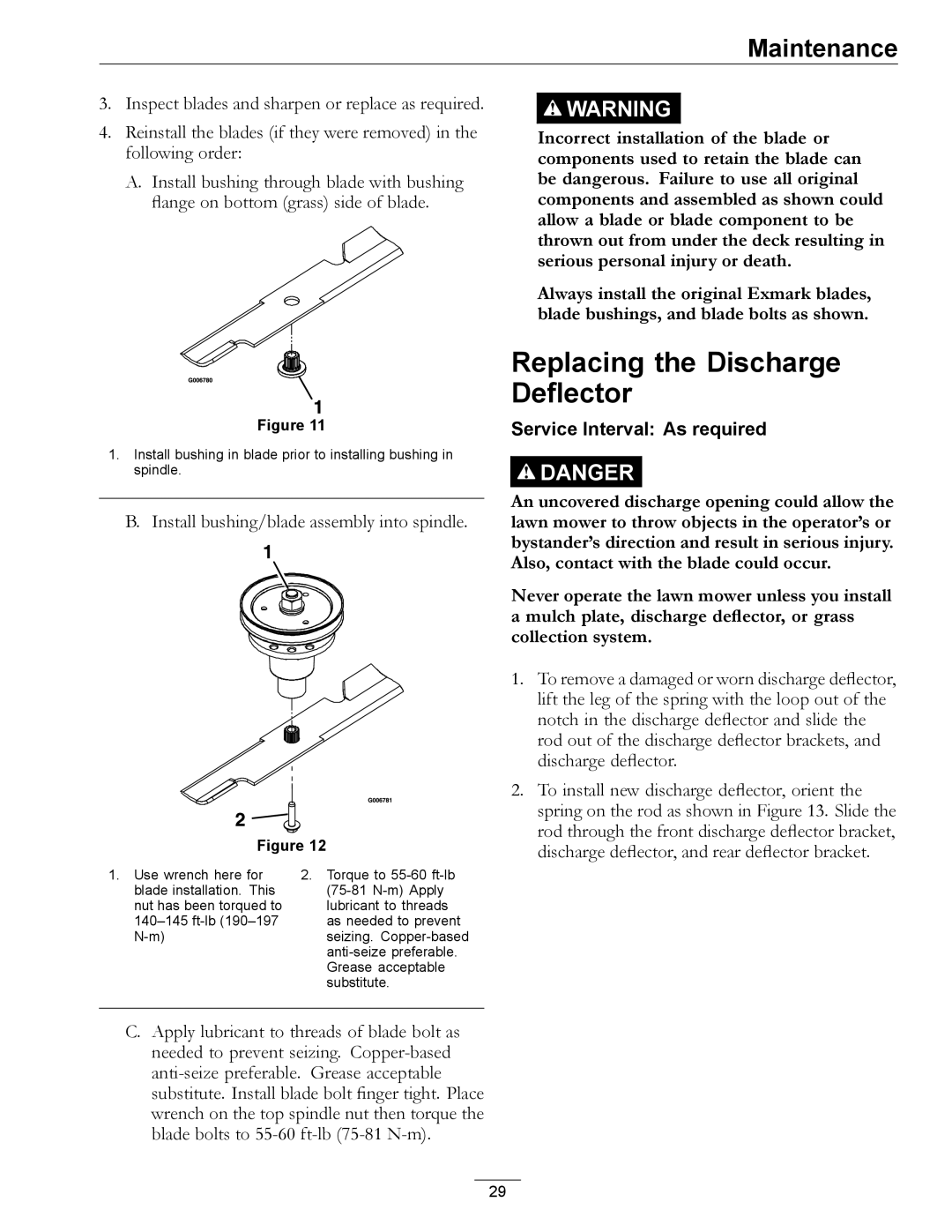 Exmark 000 & higher, 312 manual Replacing the Discharge Deflector 