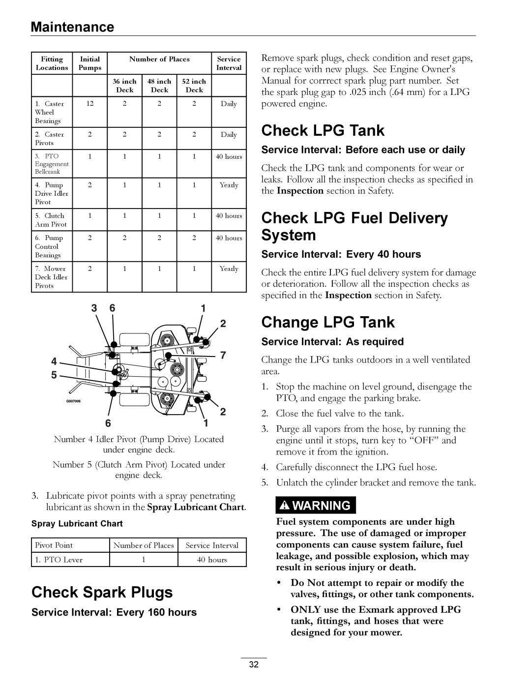 Exmark 000 & higher, 312 manual Check LPG Tank, Check LPG Fuel Delivery System, Check Spark Plugs, Change LPG Tank 