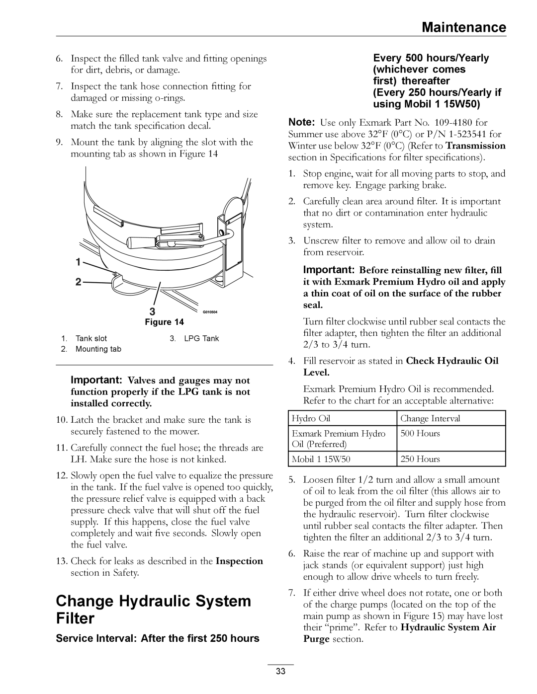 Exmark 000 & higher, 312 manual Change Hydraulic System Filter, Level 