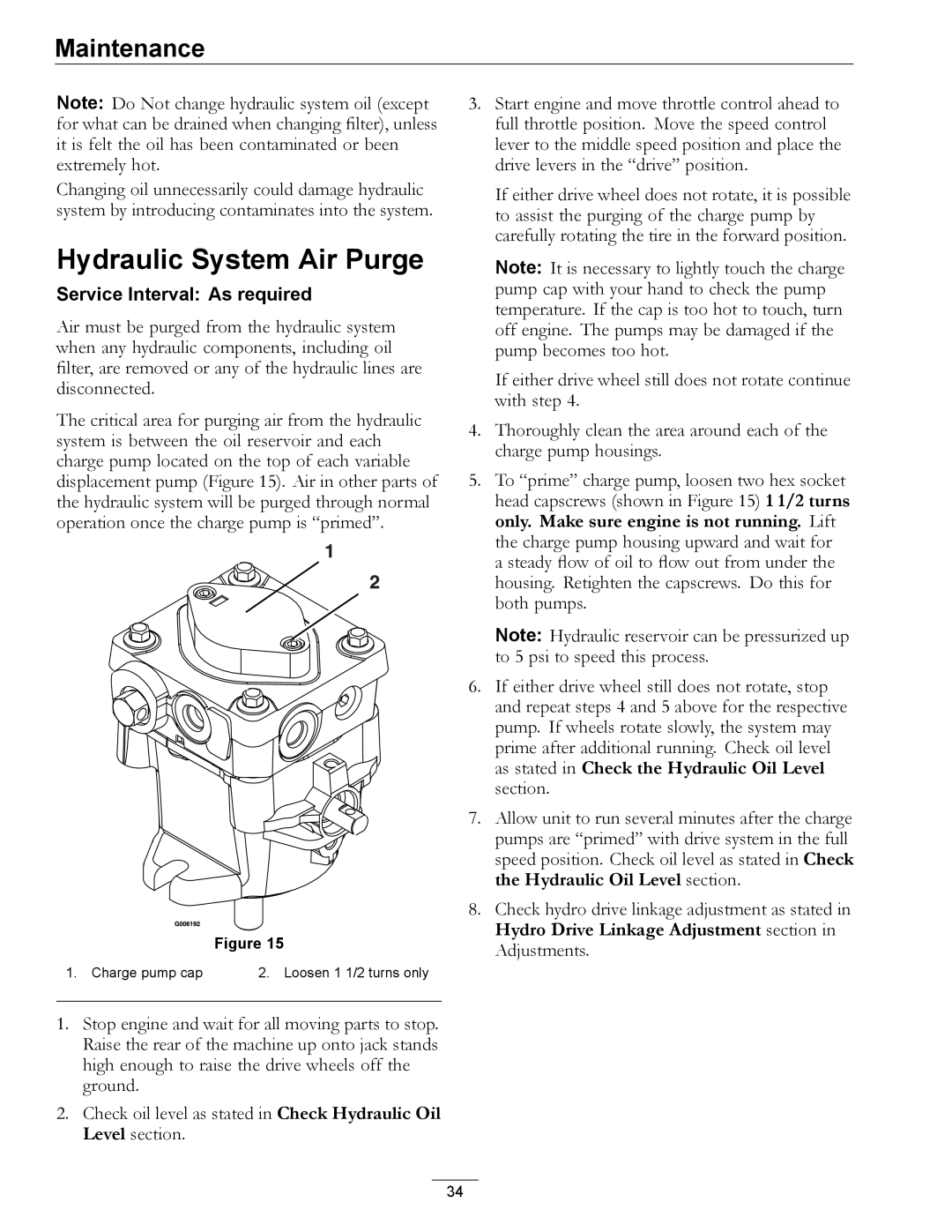 Exmark 312, 000 & higher manual Hydraulic System Air Purge 