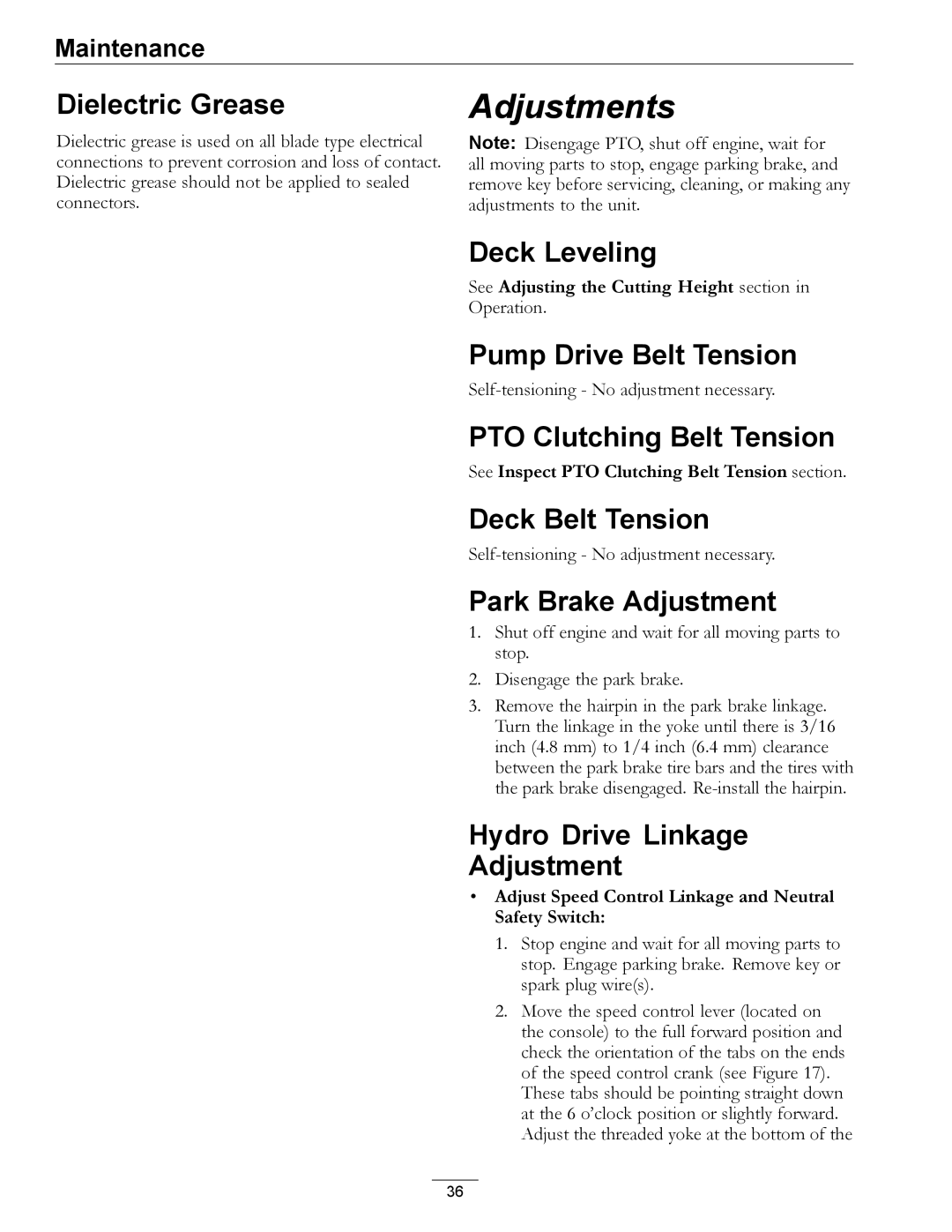 Exmark 000 & higher, 312 manual Dielectric Grease, Deck Leveling, Pump Drive Belt Tension, PTO Clutching Belt Tension 