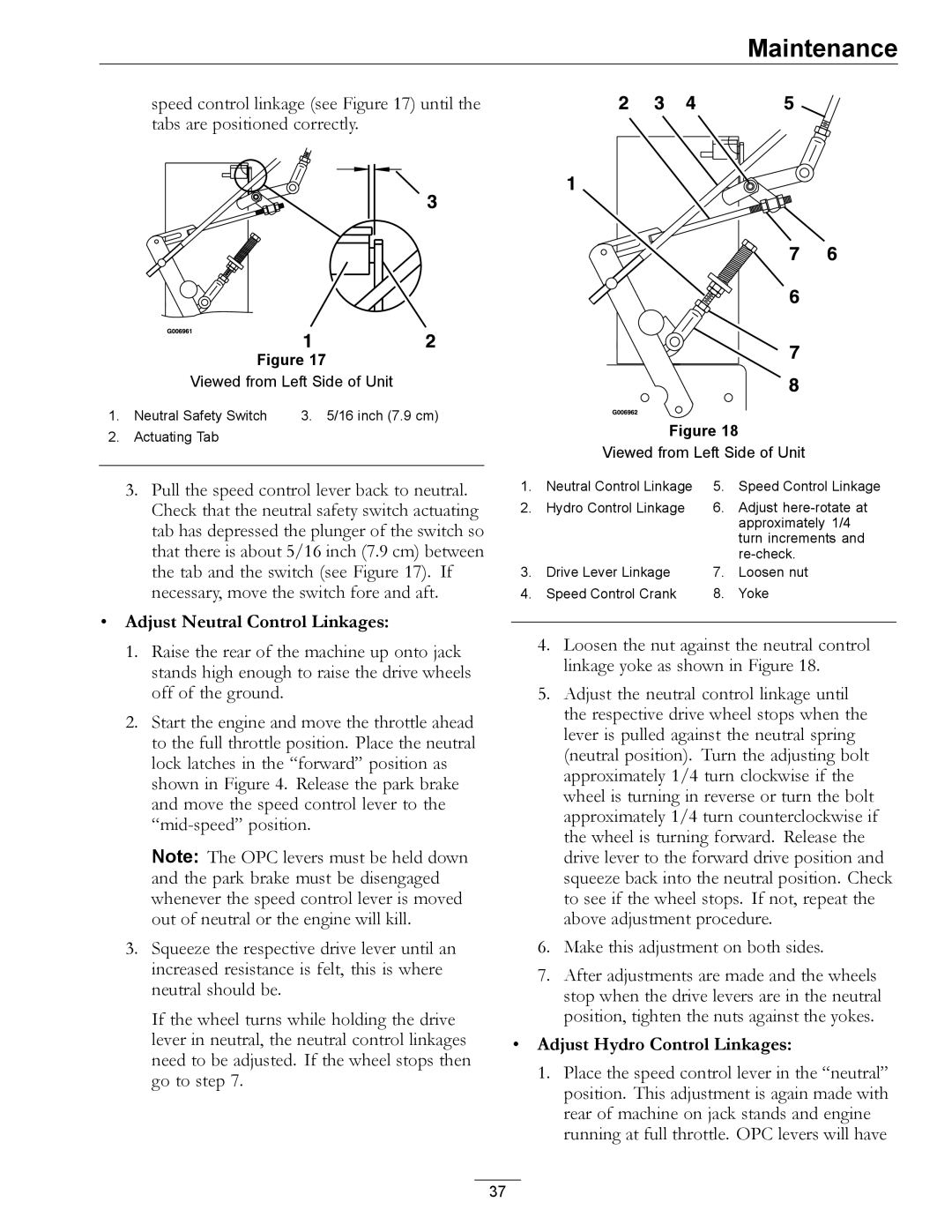 Exmark 312, 000 & higher manual Adjust Neutral Control Linkages, Adjust Hydro Control Linkages 