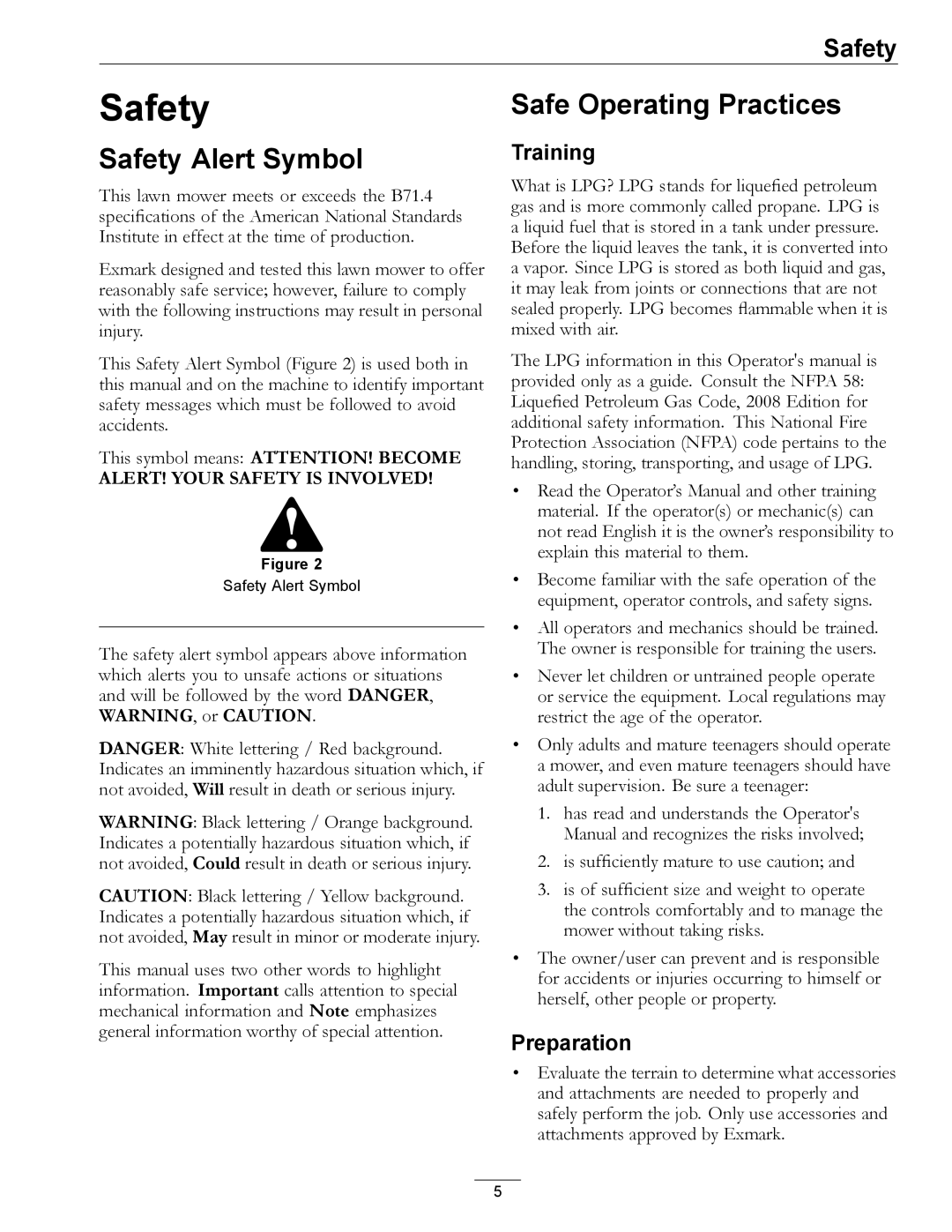 Exmark 000 & higher, 312 manual Safety Alert Symbol, Safe Operating Practices, Training, Preparation 