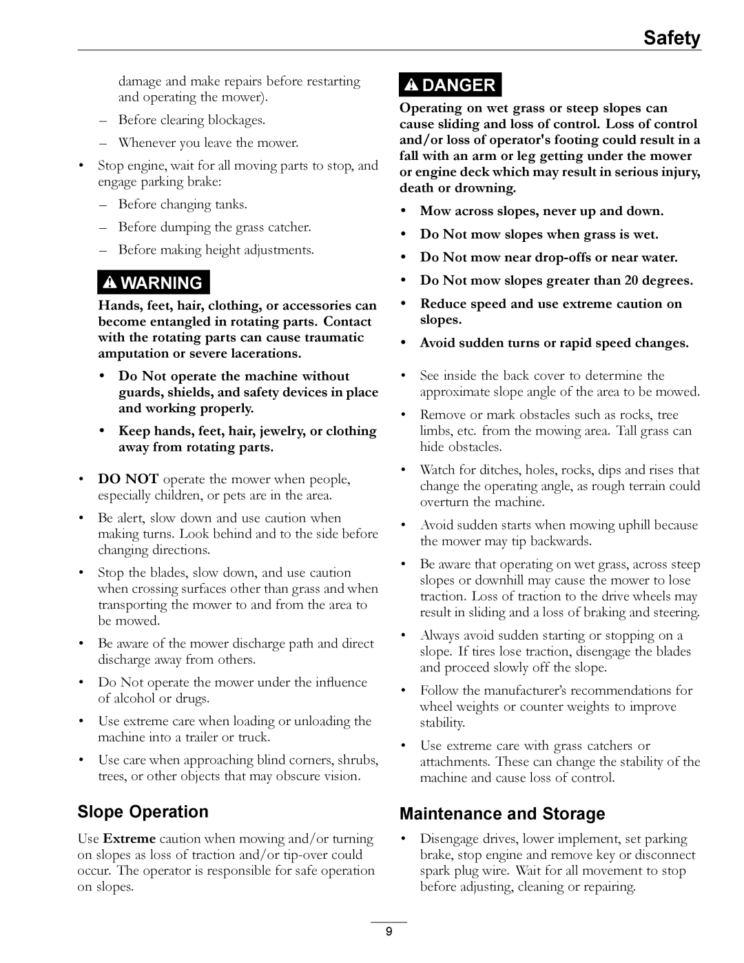 Exmark 000 & higher, 312 manual Slope Operation, Maintenance and Storage 