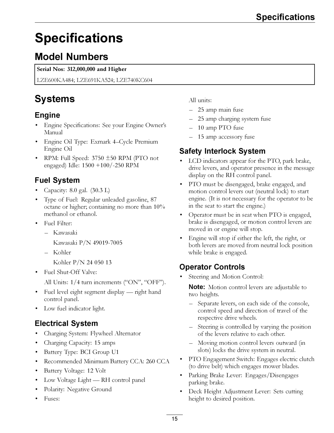 Exmark 000 & higher, 312 manual Specifications, Model Numbers, Systems 