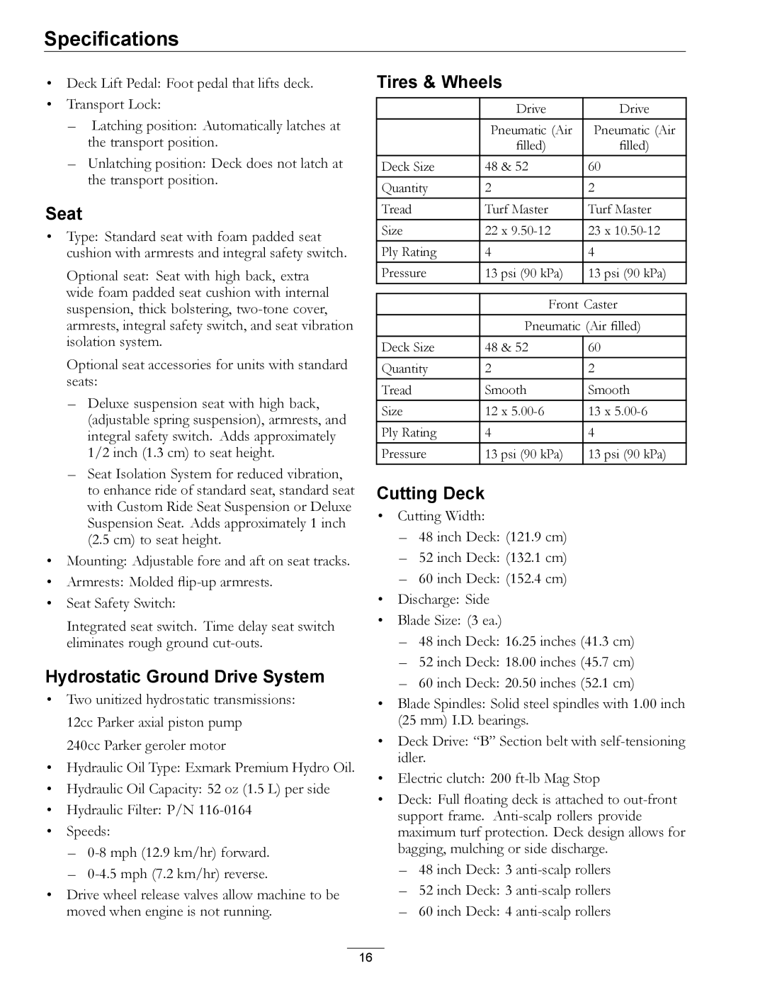 Exmark 312, 000 & higher manual Seat, Hydrostatic Ground Drive System, Tires & Wheels, Cutting Deck 