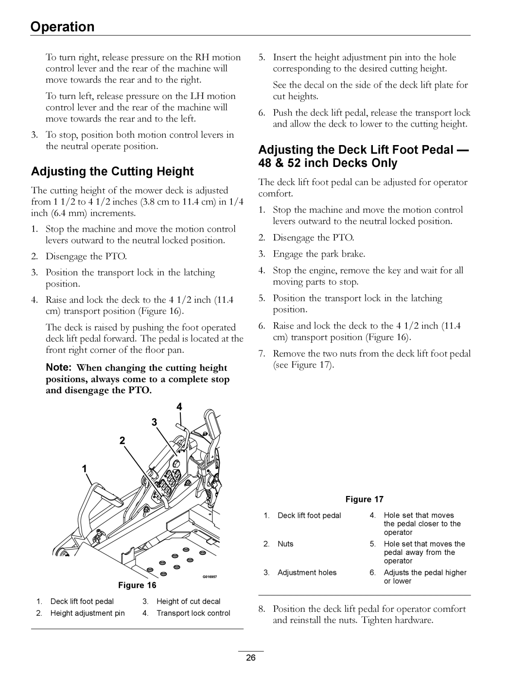 Exmark 000 & higher, 312 manual Adjusting the Cutting Height, Adjusting the Deck Lift Foot Pedal 48 & 52 inch Decks Only 