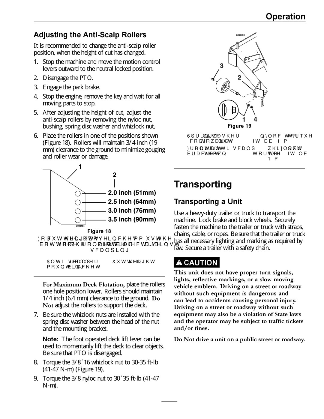 Exmark 000 & higher, 312 manual Adjusting the Anti-Scalp Rollers, Transporting a Unit 