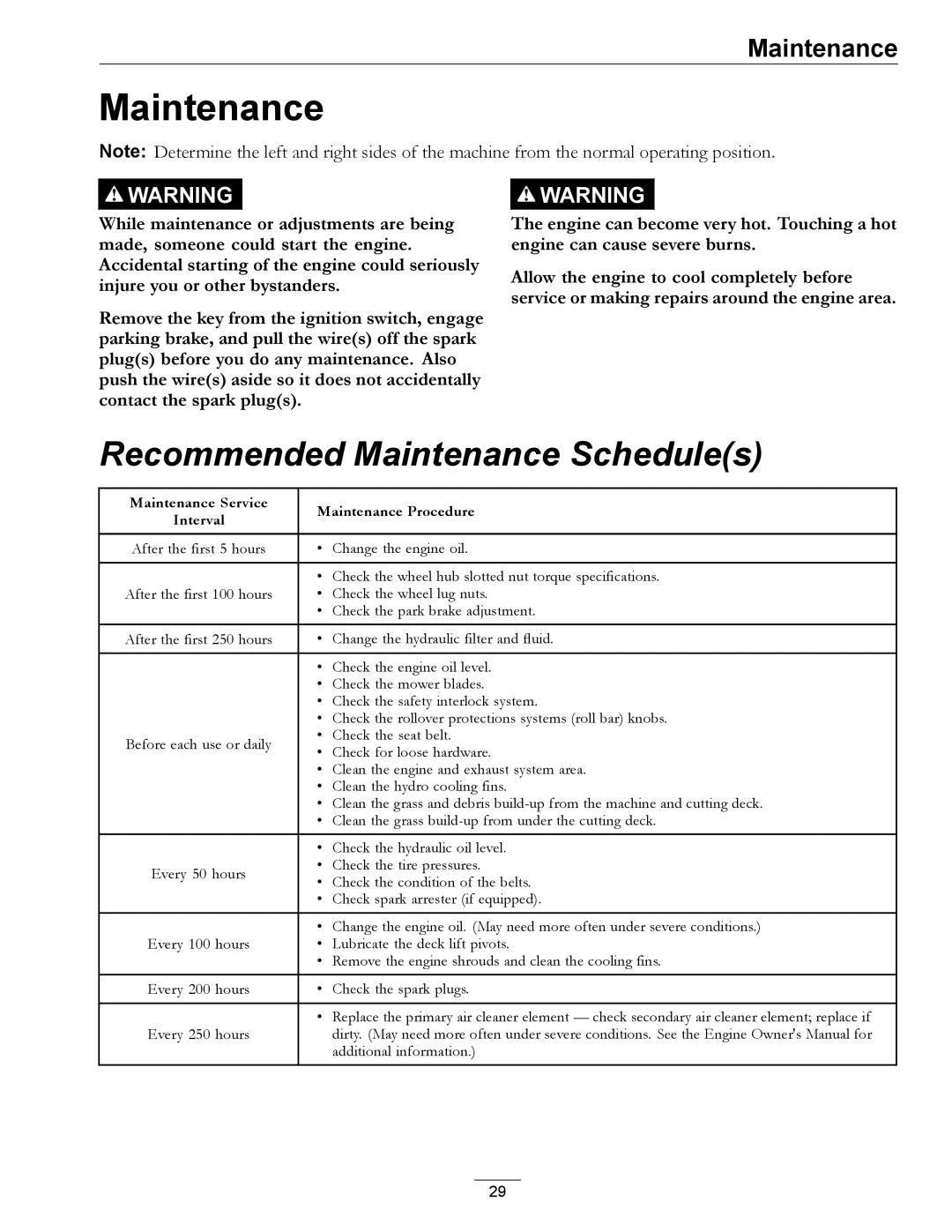 Exmark 000 & higher, 312 manual Recommended Maintenance Schedules 