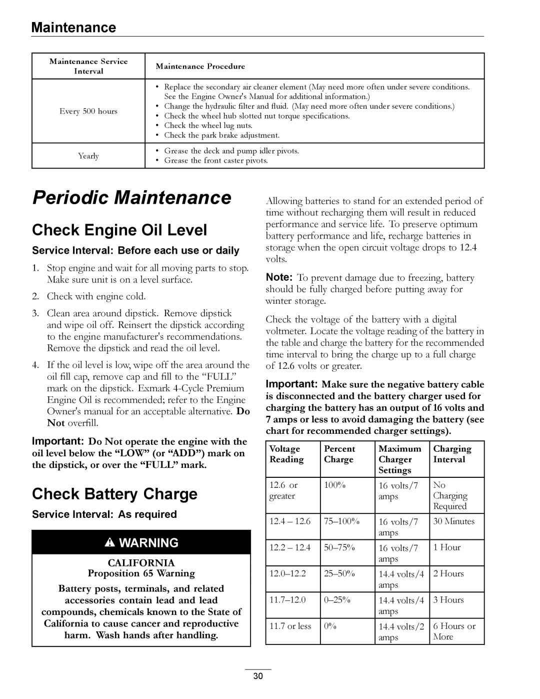 Exmark 000 & higher, 312 manual Check Engine Oil Level, Check Battery Charge 