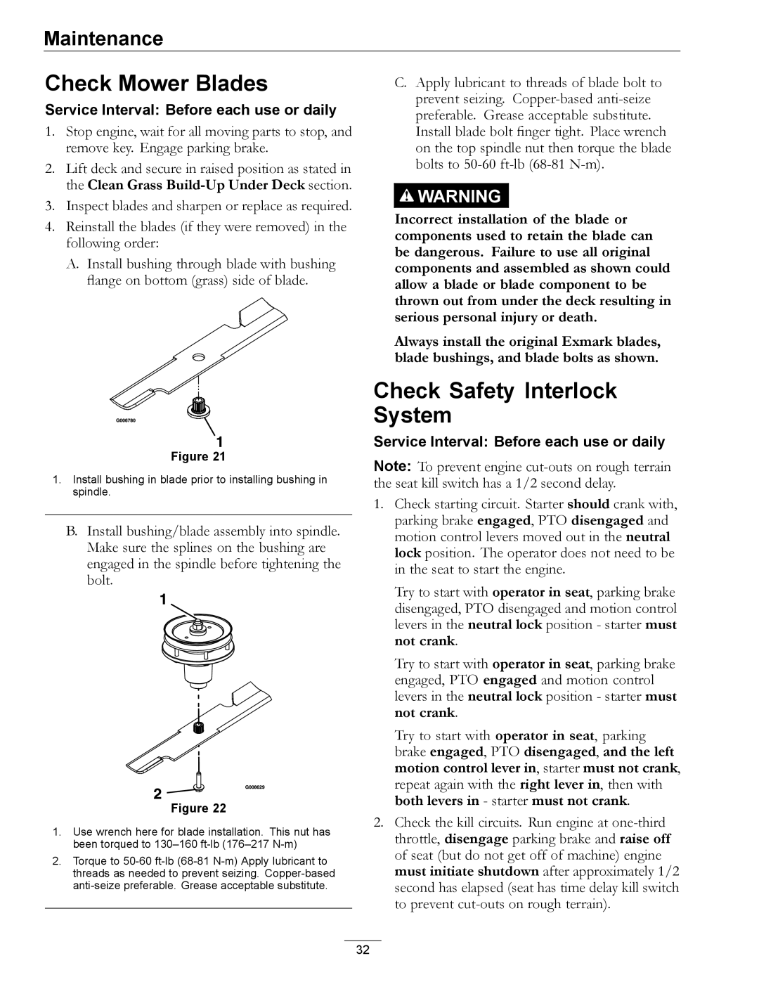 Exmark 000 & higher, 312 manual Check Mower Blades, Check Safety Interlock System 