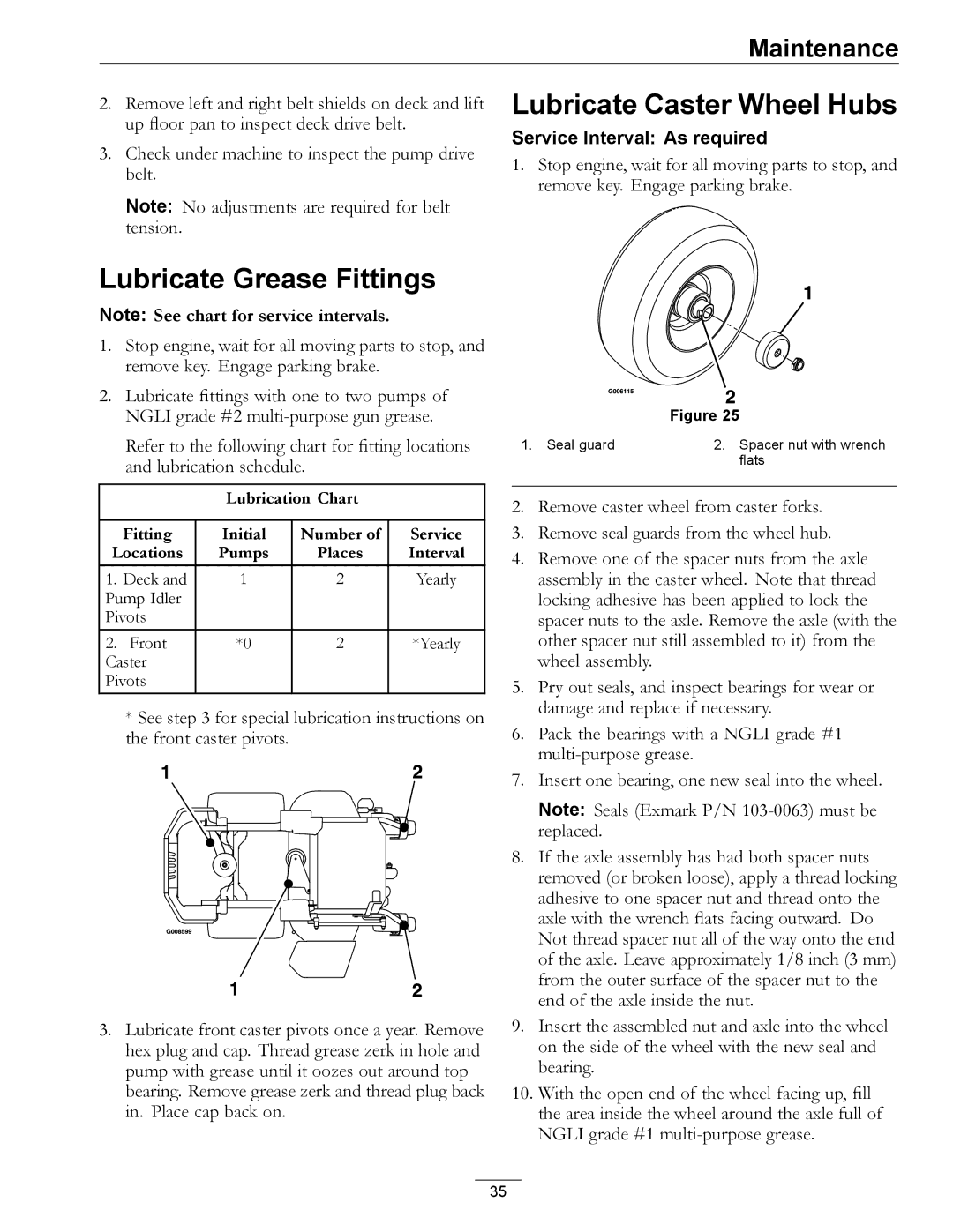 Exmark 000 & higher, 312 manual Lubricate Grease Fittings, Lubricate Caster Wheel Hubs 