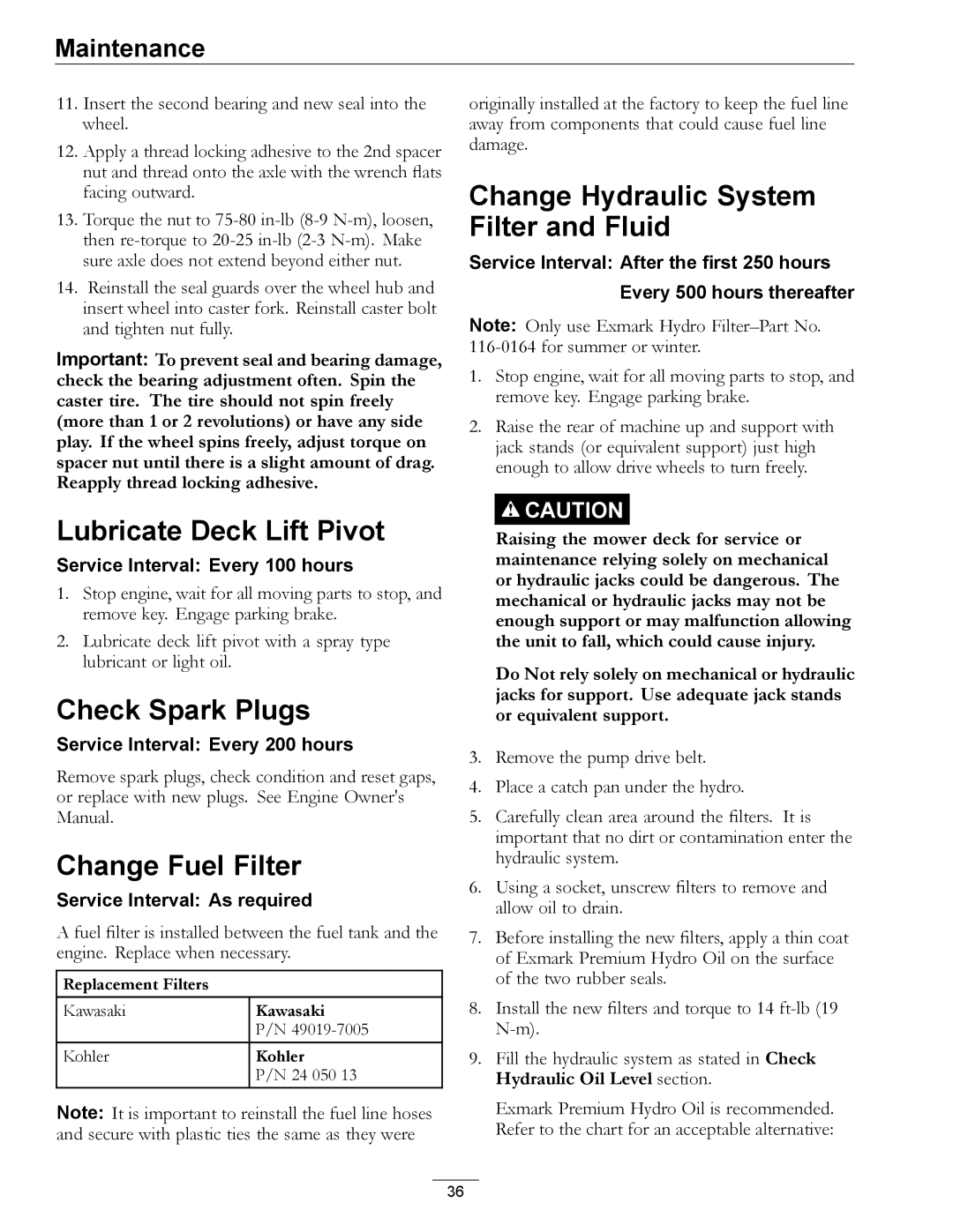 Exmark 000 & higher, 312 manual Lubricate Deck Lift Pivot, Check Spark Plugs, Change Fuel Filter 