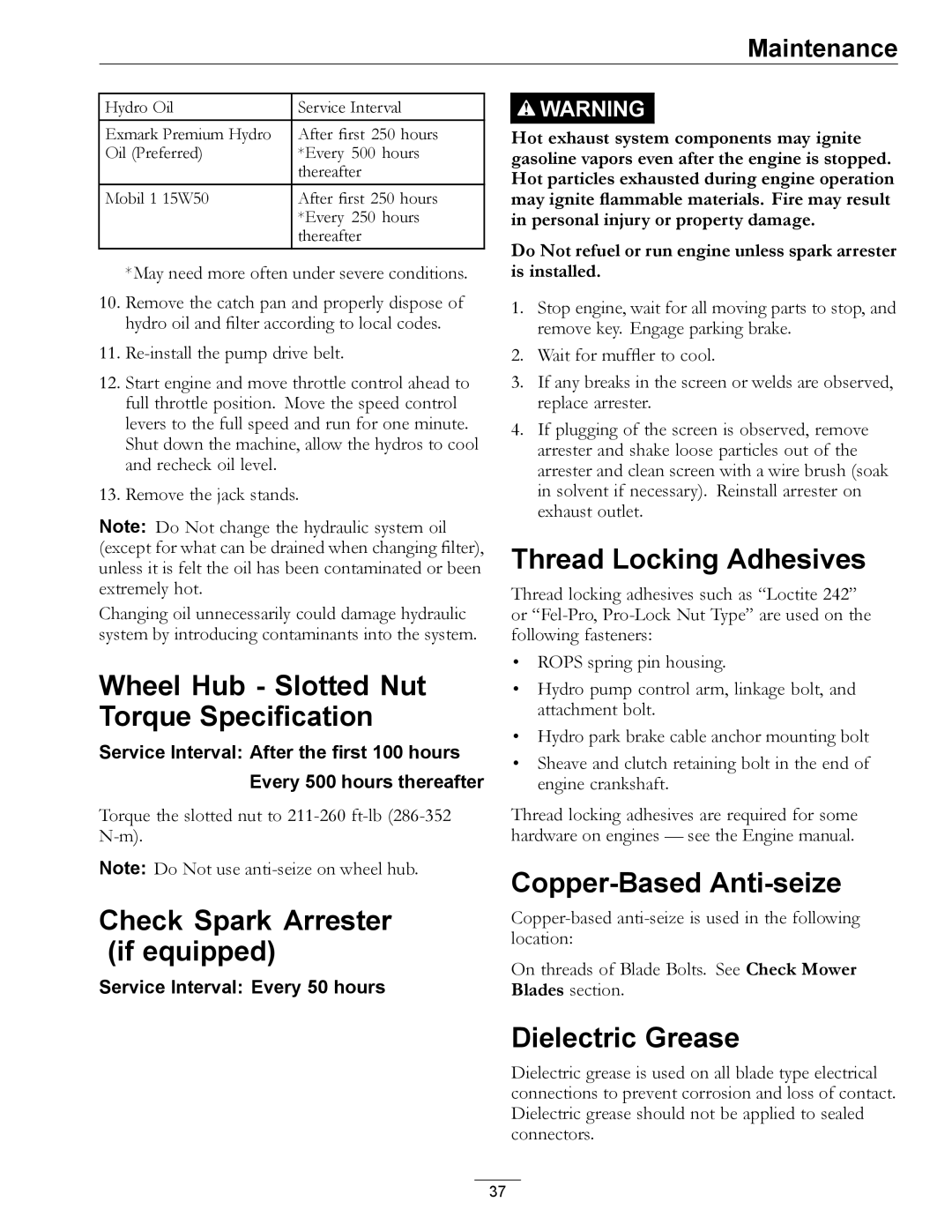 Exmark 312, 0 manual Wheel Hub Slotted Nut Torque Specification, Check Spark Arrester if equipped, Thread Locking Adhesives 