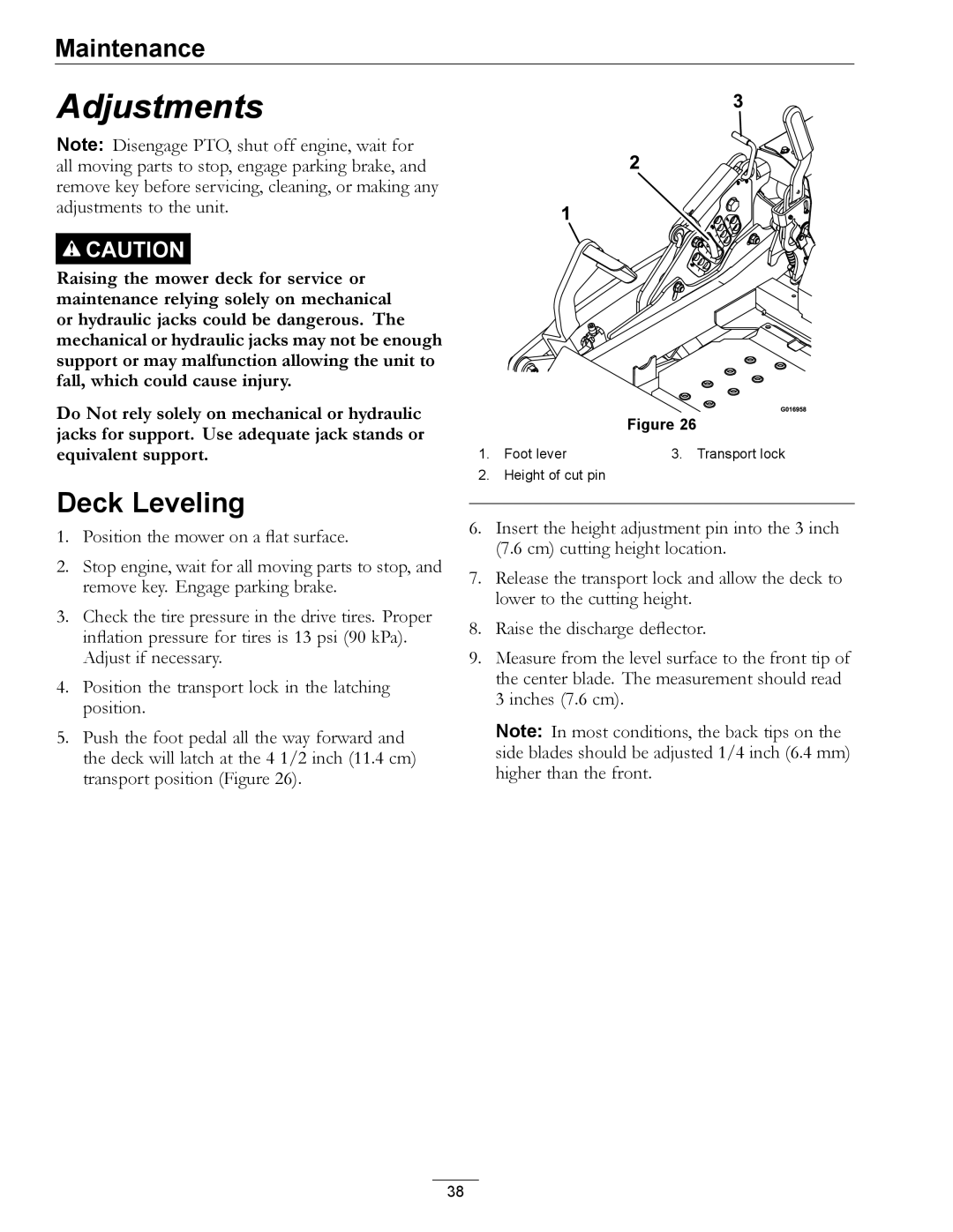 Exmark 000 & higher, 312 manual Adjustments, Deck Leveling 