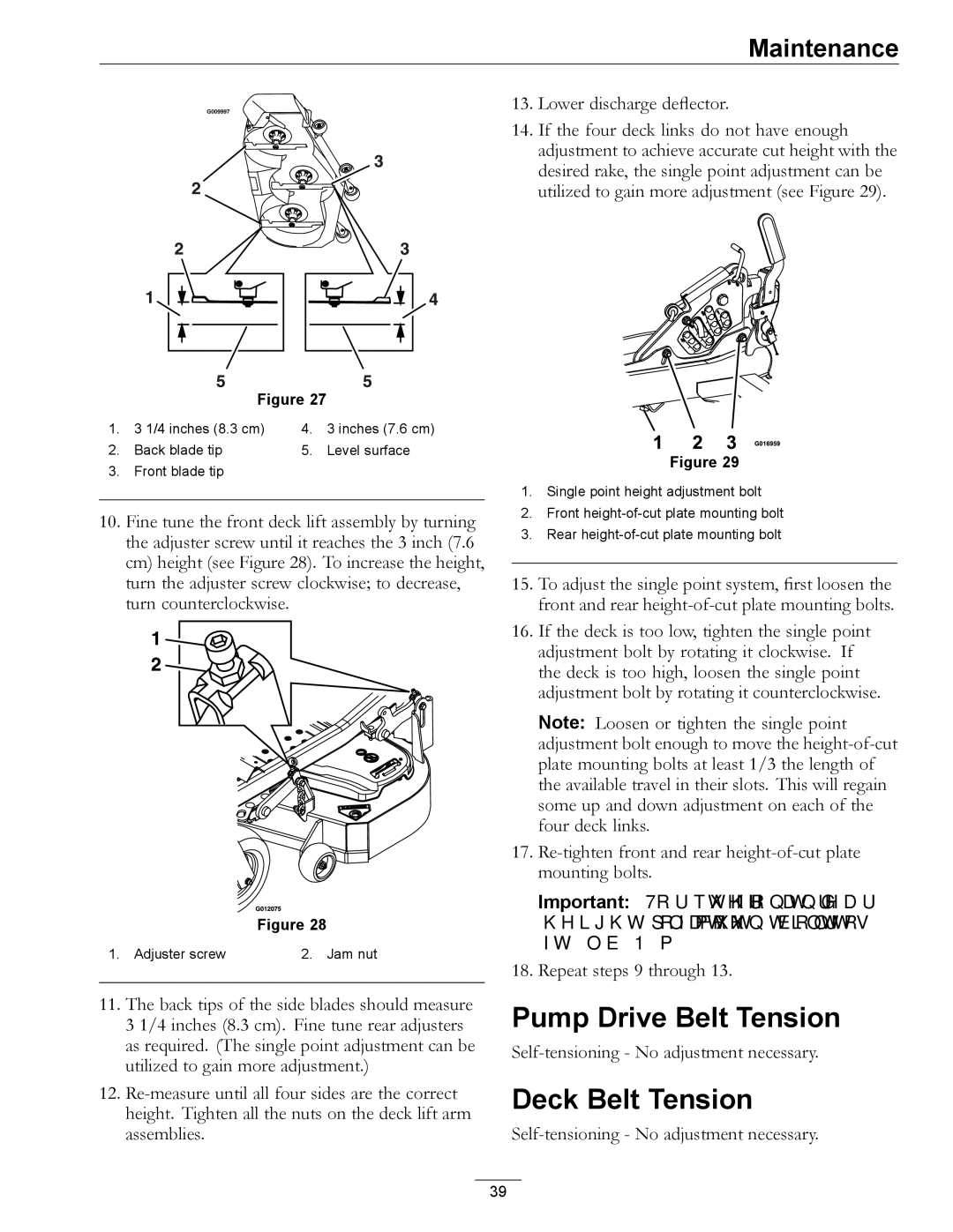 Exmark 000 & higher, 312 manual Pump Drive Belt Tension, Deck Belt Tension 