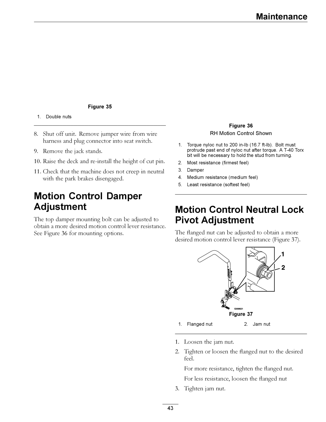 Exmark 312, 000 & higher manual Motion Control Damper Adjustment, Motion Control Neutral Lock Pivot Adjustment 