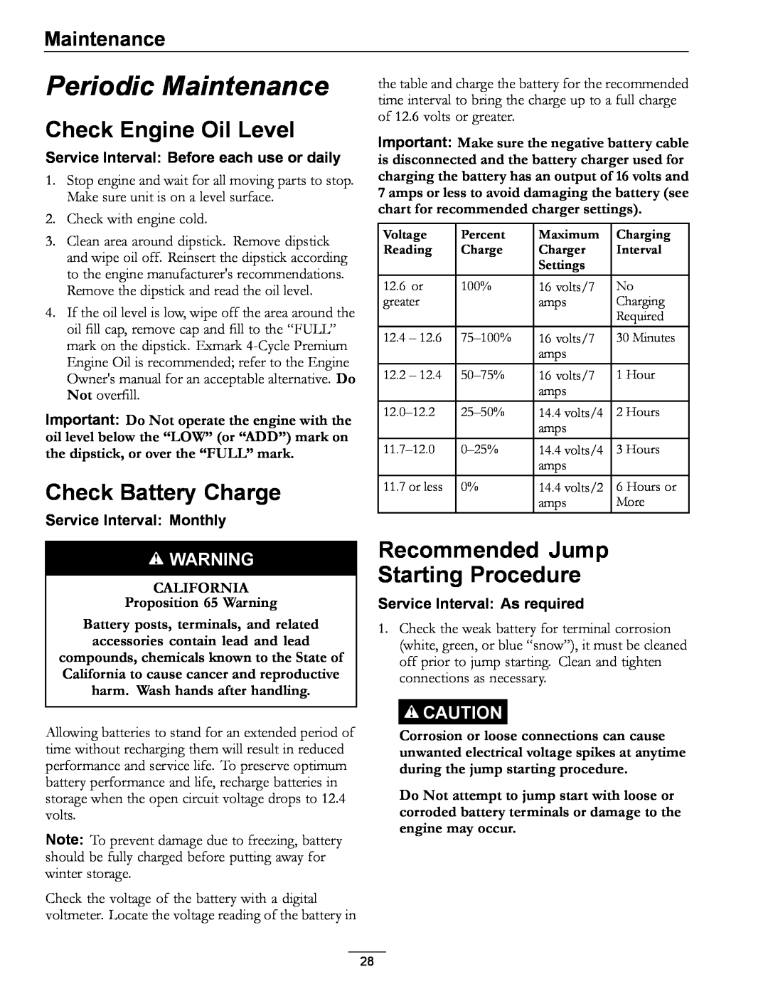 Exmark 312, 0 manual Periodic Maintenance, Check Engine Oil Level, Check Battery Charge, Recommended Jump Starting Procedure 