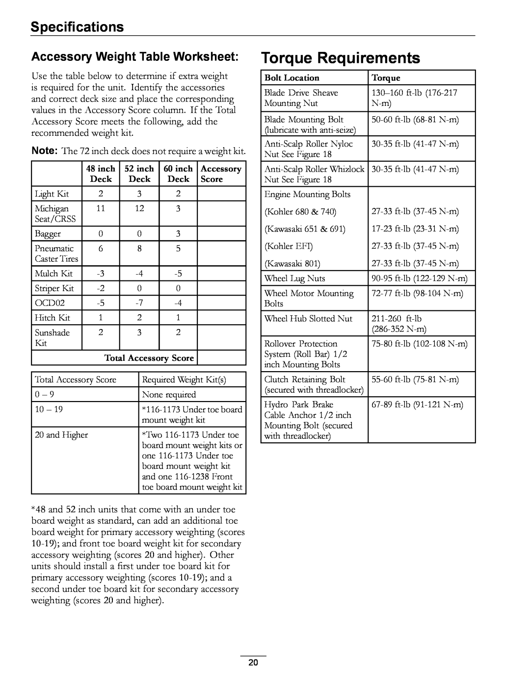 Exmark 000 & higher, 312 manual Torque Requirements, Accessory Weight Table Worksheet, Specifications 
