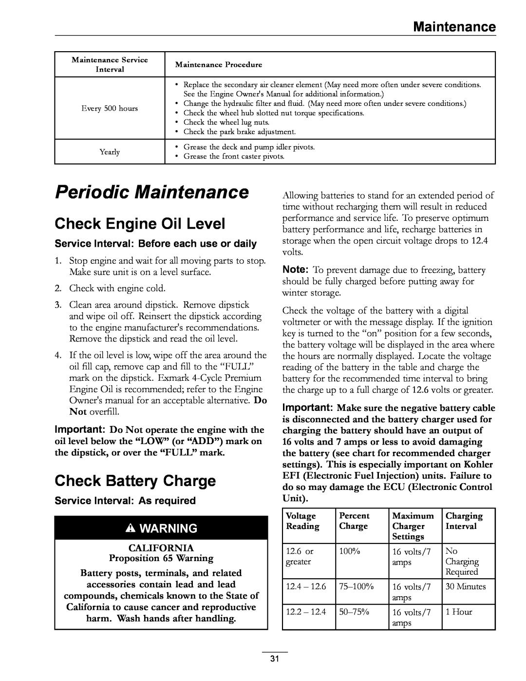 Exmark 312 Periodic Maintenance, Check Engine Oil Level, Check Battery Charge, Service Interval: Before each use or daily 