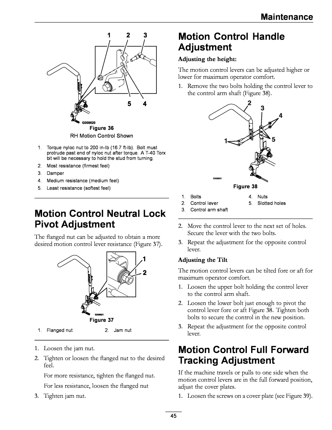 Exmark 000 & higher, 312 manual Motion Control Neutral Lock Pivot Adjustment, Motion Control Handle Adjustment, Maintenance 