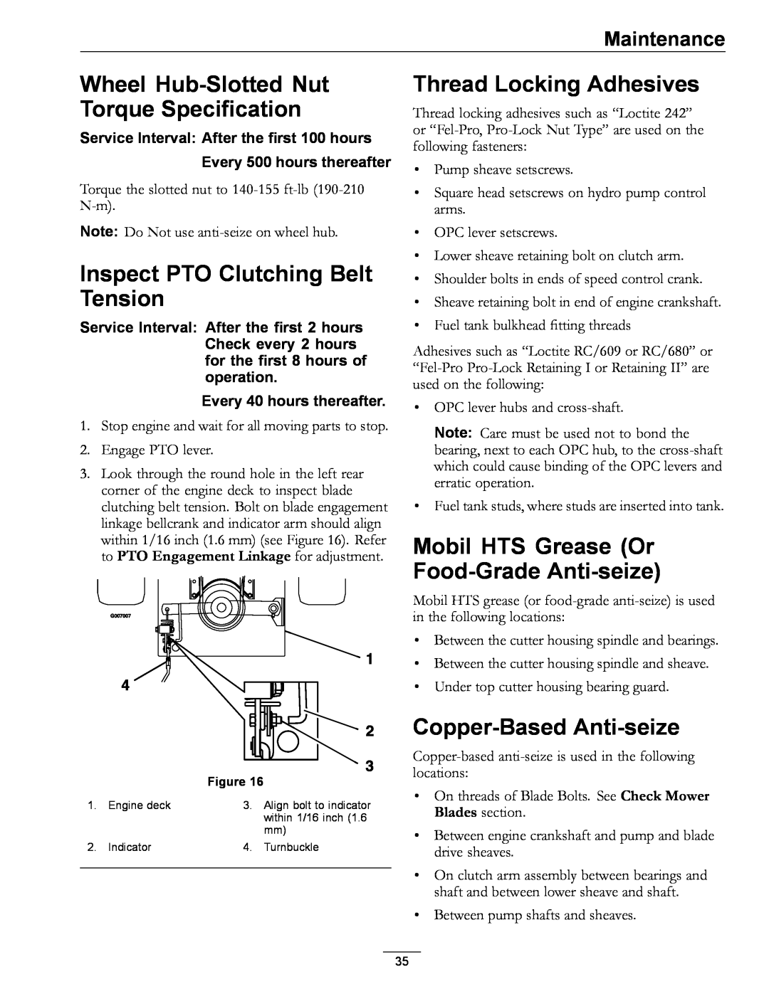 Exmark 0, 312 manual Wheel Hub-SlottedNut Torque Specification, Inspect PTO Clutching Belt Tension, Thread Locking Adhesives 