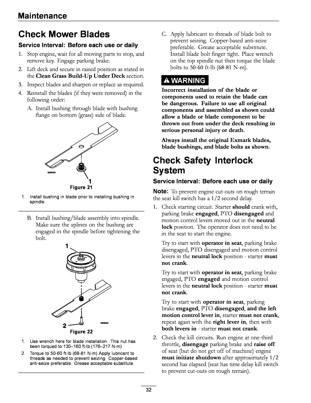 Exmark 0, 312 Check Mower Blades, Check Safety Interlock System, Maintenance, Service Interval Before each use or daily 